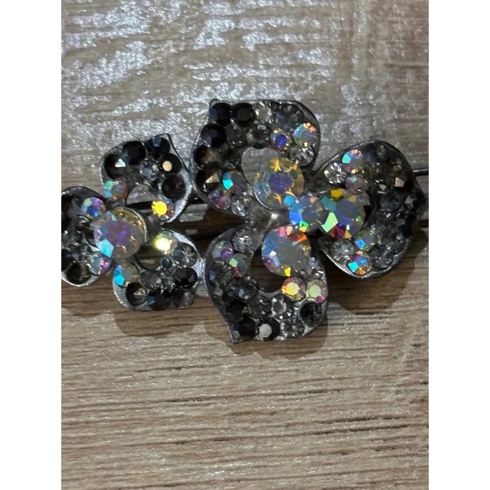 Vintage Silver Tone AB Iridescent Rhinestone Flower Hair Clip 2 